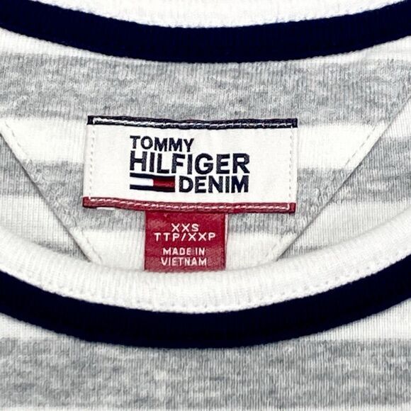 Tommy Hilfiger Embroidered Mini Dress XXS Gray White Striped 90s Y2k Vtg Comfy - Picture 13 of 14